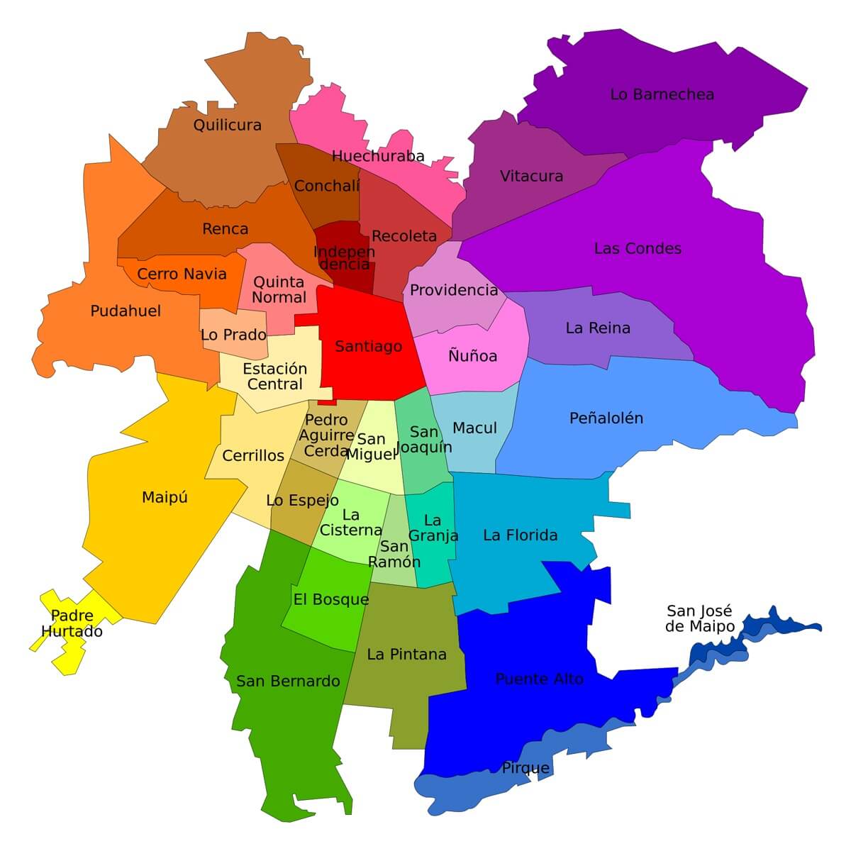 Map of the 37 municipalities of Santiago